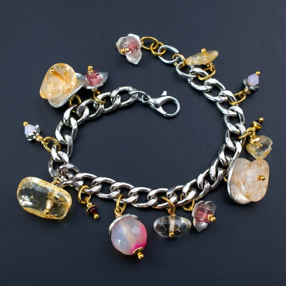 Chunky colorful charm silver chain bracelet, pink gemstone bead dangle bracelet